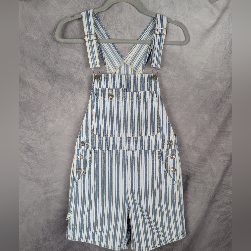 American Eagle XXS Striped Denim Overalls Shorts Blue/White Stripe